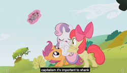 Size: 804x460 | Tagged: safe, screencap, apple bloom, scootaloo, smarty pants, sweetie belle, lesson zero, capitalism, cutie mark crusaders, meme, shank, youtube caption