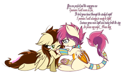 Size: 4320x2599 | Tagged: safe, artist:starlightlore, oc, oc only, oc:zafina, pegasus, pony, sphinx, couple, female, lesbian, paws, poem, simple background, sphinx oc, transparent background, underpaw