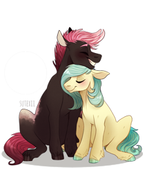 Size: 800x941 | Tagged: safe, artist:sutexii, oc, oc only, oc:soft spot, oc:soulful inkwell, earth pony, pony, blushing, cuddling, female, male, mare, snuggling, stallion, straight, unshorn fetlocks