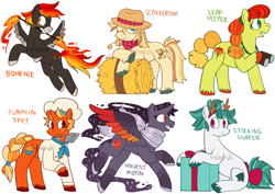 Size: 1024x723 | Tagged: safe, artist:fishervk, oc, oc only, oc:bonfire, oc:harvest moon, oc:leaf peeper, oc:pumpkin spice, oc:scarecrow, oc:stocking stuffer, alicorn, earth pony, pegasus, pony, unicorn, adoptable, alicorn oc, binoculars, bow, braid, chef, chef's hat, clothes, female, fire, flying, freckles, hat, hay bale, mare, present, scarf, smiling, spatula, tail bow, unshorn fetlocks