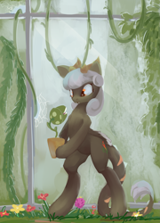 Size: 2755x3821 | Tagged: safe, artist:qweeli, oc, oc only, oc:blossom, pony, bipedal, flower, garden, solo