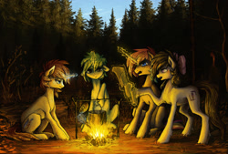 Size: 2203x1490 | Tagged: safe, artist:koviry, oc, oc only, earth pony, pony, unicorn, campfire, forest, group, map, spruce