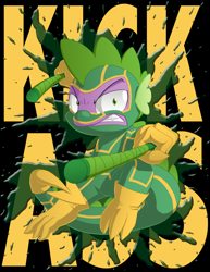 Size: 1700x2200 | Tagged: safe, artist:berrypawnch, spike, dragon, action pose, clothes, costume, eskrima sticks, kick-ass, movie poster, solo, weapon