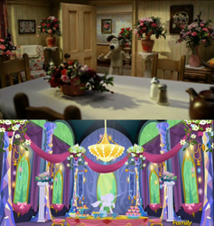Size: 1680x1774 | Tagged: safe, artist:rainbowraindashdash, screencap, dog, castle sweet castle, a matter of loaf and death, banner, chair, chandelier, cupcake, dining room, discovery family logo, door, doorway, flower, gromit, inside, pedestal, solo, statue, surprised, table, teapot, twilight's castle, vase, wallace and gromit, window