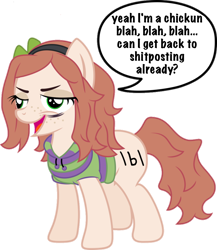 Size: 832x960 | Tagged: safe, artist:umbravivens, edit, oc, oc:vivian james, earth pony, pony, /b/, chickun, clover, exploitable meme, female, forced meme, four leaf clover, freckles, mare, meme, solo, speech bubble, text