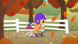 Size: 1920x1080 | Tagged: safe, artist:samuellassassin, scootaloo, apple tree, autumn, clothes, helmet, scarf, scooter, solo, tree