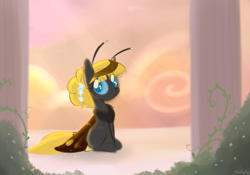 Size: 1200x839 | Tagged: safe, artist:meekcheep, oc, oc only, oc:hexferry, mothpony, original species, alternate hairstyle, cloud, cloudy, column, sitting, vine