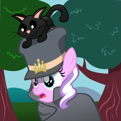 Size: 1635x1635 | Tagged: safe, artist:magerblutooth, diamond tiara, oc, oc:dazzle, cat, clothes, mailpony, shigofumi, tree, uniform