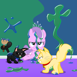 Size: 1635x1635 | Tagged: safe, artist:magerblutooth, diamond tiara, oc, oc:dazzle, oc:peal, cat, blue, green, mess, paint, paint in hair, paint on fur, territory