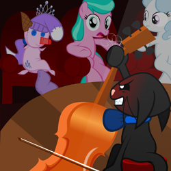 Size: 1635x1635 | Tagged: safe, artist:magerblutooth, aquamarine, diamond tiara, royal blue, oc, oc:dazzle, cat, auditorium, background pony, bowtie, cello, dummy, musical instrument