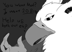 Size: 2352x1722 | Tagged: safe, artist:gatheringdust, artist:messenger, oc, oc only, oc:lafiri, griffon, the lost treasure of griffonstone, bits, caption, grayscale, greed, greedy, moderation, monochrome, solo