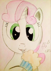 Size: 1536x2162 | Tagged: safe, artist:a7xcaramel, sweetie belle, one bad apple, cute, milkshake, simple background, solo, traditional art