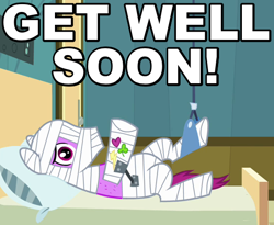 Size: 550x450 | Tagged: safe, screencap, bandage pony, rough tumble, pony, read it and weep, arial, background pony, bandage, bed, caption, cast, hospital, image macro, injured, male, meme, pillow, reaction image, solo, stallion