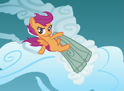 Size: 829x607 | Tagged: safe, artist:gingermint, scootaloo, cloud, cloudy, solo, surfing