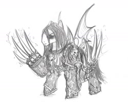 Size: 1680x1345 | Tagged: safe, artist:cahook2, armor, konrad curze, lightning claw, mercy and forgiveness, monochrome, night lords, ponified, powered exoskeleton, primarch, solo, terminator armor, traditional art, warhammer (game), warhammer 40k