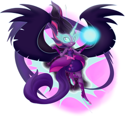 Size: 1600x1493 | Tagged: safe, artist:piichu-pi, midnight sparkle, sci-twi, twilight sparkle, equestria girls, friendship games, bare shoulders, choker, female, horn, looking at you, magic, simple background, smiling, solo, transparent background, wings