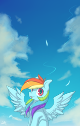 Size: 1580x2500 | Tagged: safe, artist:snowsky-s, derpibooru import, rainbow dash, pegasus, pony, cloud, female, mare, open mouth, sitting, sky, solo, spread wings, wings