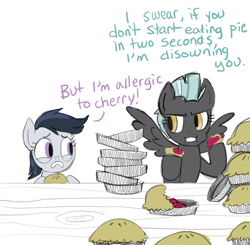 Size: 991x972 | Tagged: safe, artist:fiona, lightningroad, rumble, thunderlane, tumble, pegasus, pony, cherry pie (food), dialogue, eating, female, filly, food, mare, pie, pie tin, rule 63, siblings, sisters, upset