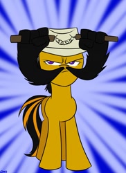 Size: 931x1280 | Tagged: safe, artist:mofetafrombrooklyn, oc, oc only, oc:overhaul, earth pony, pony, dustykatt, hat, male, manly, manly as fuck, moustache, nunchucks, ponysona, ponytail, prehensile beard, solo, stallion