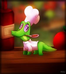 Size: 900x1000 | Tagged: safe, artist:fj-c, gummy, the lost treasure of griffonstone, chef, chef's hat, clothes, cute, gummybetes, hat, mouth hold, solo, spoon