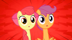 Size: 1366x768 | Tagged: safe, screencap, apple bloom, scootaloo, one bad apple, long neck, nope