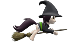 Size: 4000x2250 | Tagged: safe, artist:mollythemoopy, oc, oc only, oc:molly the moopy, 3d, 3d render, broom, flying, flying broomstick, golden eyes, hat, open mouth, simple background, solo, source filmmaker, transparent background, witch, witch hat