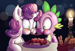 Size: 1200x822 | Tagged: safe, artist:tadashi--kun, spike, sweetie belle, dragon, blushing, eating, female, food, lady and the tramp, male, meatballs, messy eating, puffy cheeks, scene parody, shipping, spaghetti, spaghetti scene, spikebelle, straight