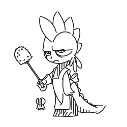 Size: 1280x1280 | Tagged: safe, artist:hoverrover, spike, dragon, apron, clothes, gloves, monochrome, naked apron, sketch, solo, toilet scrubber, unamused