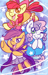 Size: 1242x1920 | Tagged: safe, artist:abbystarling, apple bloom, scootaloo, sweetie belle, clothes, cute, cutie mark crusaders, dress, pleated skirt, shoes, skirt, skirtaloo