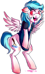 Size: 445x723 | Tagged: safe, artist:lucidlarceny, oc, oc only, oc:squeaky clean, pony, semi-anthro, bipedal, blood, grin, nosebleed, smiling