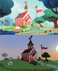 Size: 762x936 | Tagged: safe, screencap, brohoof.com, fence, flag, minecraft, ponyville schoolhouse, sign, swing, tree