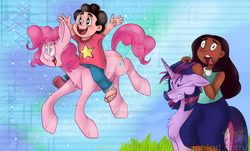 Size: 1024x617 | Tagged: safe, artist:mirunacipsi, derpibooru import, pinkie pie, twilight sparkle, earth pony, pony, binary, blushing, connie maheswaran, crossover, cute, floppy ears, fluffy, gritted teeth, hair, hair pulling, humans riding ponies, jumping, open mouth, smiling, steven quartz universe, steven universe, wide eyes, wingding eyes, wink