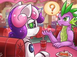 Size: 800x600 | Tagged: safe, artist:vavacung, spike, sweetie belle, sweetie bot, dragon, pony, robot, unicorn, date, dating, female, male, shipping, spikebelle, straight