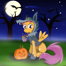 Size: 1400x1400 | Tagged: safe, artist:milanoss, scootaloo, candy, clothes, costume, full moon, halloween, holiday, jack-o-lantern, moon, mouth hold, night, nightmare night, pumpkin, solo