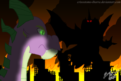 Size: 3000x2000 | Tagged: safe, artist:crisostomo-ibarra, spike, dragon, kaiju, crossover, destoroyah, destruction, godzilla (series), spikezilla