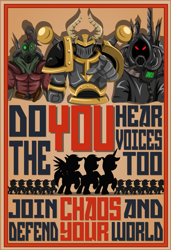Size: 1280x1872 | Tagged: safe, artist:ahrimatt, earth pony, pegasus, pony, unicorn, armor, chaos, cultist, fanfic art, fanfic cover, heresy, heretek, iron warriors, marching, pointing, poster, propaganda, raised hoof, silhouette, techpriest, warhammer (game), warhammer 40k