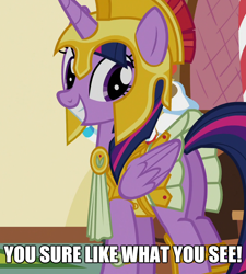 Size: 970x1078 | Tagged: safe, edit, edited screencap, screencap, twilight sparkle, twilight sparkle (alicorn), alicorn, pony, scare master, armor, armor skirt, athena sparkle, clothes, costume, cropped, female, image macro, like what you see?, mare, meme, plot, skirt, skirt lift, solo, tail upskirt, technically an upskirt shot, twibutt, upskirt