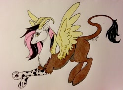 Size: 2732x2003 | Tagged: safe, artist:ameliacostanza, oc, oc only, oc:feather dream, hybrid, art trade, interspecies offspring, offspring, parent:discord, parent:fluttershy, parents:discoshy, traditional art