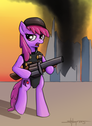 Size: 732x1000 | Tagged: safe, artist:shikogo, berry punch, berryshine, pony, bipedal, crossover, demoman, drunk, grenade launcher, hat, solo, team fortress 2