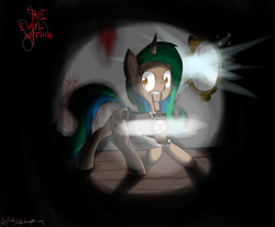 Size: 2448x2016 | Tagged: safe, artist:zacproductions, oc, oc only, oc:glimmering springs, barbed wire, dark, lantern, mirror, scary, sebastian castellanos, the evil within, visual music