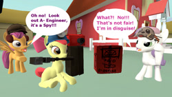 Size: 1280x720 | Tagged: safe, artist:pika-robo, apple bloom, scootaloo, sweetie belle, 3d, comic, cutie mark crusaders, dispenser, engie bloom, engineer, gmod, playing, pretending, scout, scoutaloo, sentry, spy, sweetie spy, team fortress 2, wrench