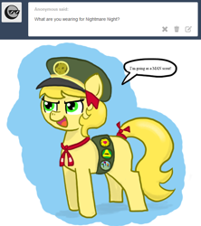 Size: 640x720 | Tagged: safe, artist:ficficponyfic, oc, oc only, oc:golden brisk, ask golden brisk, clothes, costume, girl scout, girly, hat, merit badge, ribbon, sash, solo