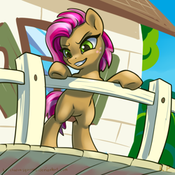 Size: 1500x1500 | Tagged: safe, artist:kp-shadowsquirrel, babs seed, earth pony, pony, clubhouse, crusaders clubhouse, female, filly, freckles, scene interpretation, smiling, solo, standing, underhoof