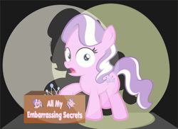 Size: 1299x944 | Tagged: safe, artist:magerblutooth, diamond tiara, box, guilty, missing accessory, secret, spotlight, surprised