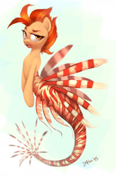 Size: 1202x1832 | Tagged: safe, artist:imalou, oc, oc only, merpony, lionfish, looking at you, orange, realistic, scales, solo, stripes