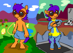 Size: 550x400 | Tagged: safe, artist:caitsith511, oc, oc only, oc:bit goggles, anthro, apple, clothes, fallout, farm, jumpsuit, outdoors, pipboy, ruins, shorts