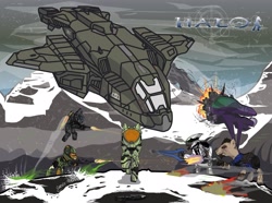 Size: 2337x1738 | Tagged: safe, artist:chiimich, pony, assault rifle, banshee, blizzard, brute, crossover, elite, energy sword, epic, explosion, fight, group shot, halo (series), master chief, odst, pelican (halo), ponified, power armor, sangheili, snow, snowfall, spiker, submachinegun, unsc