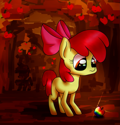 Size: 1131x1177 | Tagged: safe, artist:juisedrop, apple bloom, earth pony, pony, apple, apple tree, eye reflection, food, looking at something, reflection, solo, tree, zap apple