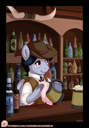 Size: 691x1000 | Tagged: safe, artist:sorcerushorserus, oc, oc only, oc:zephyr speakeasy, clothes, hat, patreon, patreon logo, solo, tavern