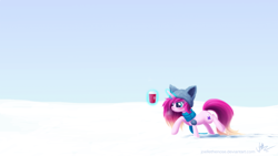 Size: 2560x1440 | Tagged: safe, artist:joellethenose, oc, oc only, oc:cerise, pony, unicorn, angry, clothes, coffee, cold, female, frown, glowing horn, hat, magic, mare, scarf, signature, sky, snow, solo, telekinesis, walking, winter